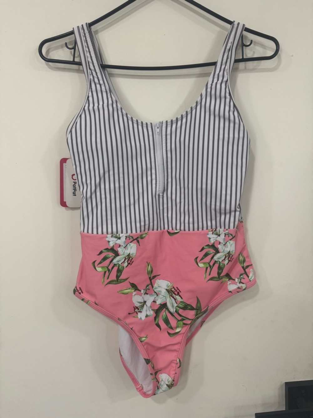 PatPat Pink Floral One-Piece Swimsuit with Black & White Stripes
